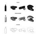 A bottle of water, sneakers, a flashlight for a bicycle, a protective helmet.Cyclist outfit set collection icons in