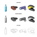 A bottle of water, sneakers, a flashlight for a bicycle, a protective helmet.Cyclist outfit set collection icons in