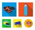 A bottle of water, sneakers, a flashlight for a bicycle, a protective helmet.Cyclist outfit set collection icons in flat