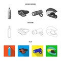 A bottle of water, sneakers, a flashlight for a bicycle, a protective helmet.Cyclist outfit set collection icons in flat