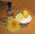 A bottle of water, with sugar and lemon for Sugaring, an alternative method of the hair shave