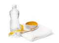 Bottle of water, towel and tape measure