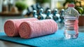 A bottle of water and two pink towels on a blue mat Royalty Free Stock Photo