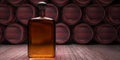 Bottle of whisky, stacked barrels and dark cellar background. 3d illustration Royalty Free Stock Photo