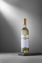 Bottle of white dry varietal wine from German Riesling grape sort on wooden backdrop with blank label, no brand template, mockup.