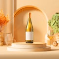 A bottle of white liquid on a platform with glass and plants in a peach colored studio setting Royalty Free Stock Photo