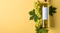 Bottle of white wine and a bunch of grapes on a yellow background. AI generated art Royalty Free Stock Photo