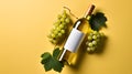 Bottle of white wine and a bunch of grapes on a yellow background. AI generated art Royalty Free Stock Photo