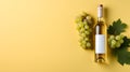 Bottle of white wine and a bunch of grapes on a yellow background. AI generated art Royalty Free Stock Photo