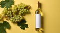 Bottle of white wine and a bunch of grapes on a yellow background. AI generated art Royalty Free Stock Photo