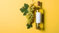 Bottle of white wine and a bunch of grapes on a yellow background. AI generated art Royalty Free Stock Photo