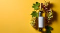 Bottle of white wine and a bunch of grapes on a yellow background. AI generated art Royalty Free Stock Photo