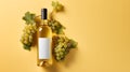 Bottle of white wine and a bunch of grapes on a yellow background. AI generated art Royalty Free Stock Photo