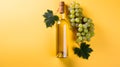 Bottle of white wine and a bunch of grapes on a yellow background. AI generated art Royalty Free Stock Photo