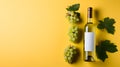 Bottle of white wine and a bunch of grapes on a yellow background. AI generated art Royalty Free Stock Photo