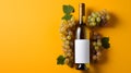 Bottle of white wine and a bunch of grapes on a yellow background. AI generated art Royalty Free Stock Photo