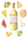 Bottle of white wine with food - cheese, bread