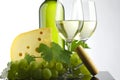 Bottle with white wine and glass and grapes Royalty Free Stock Photo