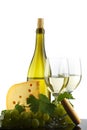 Bottle with white wine and glass and grapes Royalty Free Stock Photo