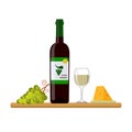 Bottle of white wine, wine glass, grapes and cheese, isolated on white background Royalty Free Stock Photo