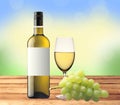 Bottle of white wine, glass and green grape on wooden table over Royalty Free Stock Photo