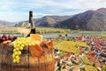 Bottle of white wine with glasses against Weissenkirchen village with autumn vineyards in Wachau valley, Austria Royalty Free Stock Photo