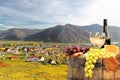 Bottle of white wine with glasses against Weissenkirchen village with autumn vineyards in Wachau valley, Austria Royalty Free Stock Photo