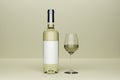 Bottle of white wine with label and a glass goblet in photo-realistic style on a clear green background. 3d realism illustration Royalty Free Stock Photo