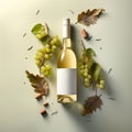 Bottle of white wine laying on studio background with green leaves and decor. Wine bottle mockup with blank white label Royalty Free Stock Photo