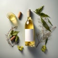 Bottle of white wine laying on studio background with green leaves and decor. Wine bottle mockup with blank white label Royalty Free Stock Photo