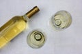 A bottle of white wine and two glasses on white background. Summer celebration in the garden. Selective focus. Copy space Royalty Free Stock Photo