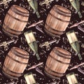 Bottle of wine, barrel, tap, corkscrew with watercolor stains. Seamless pattern Painted illustration Royalty Free Stock Photo