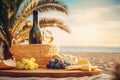 Bottle of wine, baguete, cheese, grapes and fresh fruits on plaid on blurred seascape