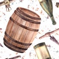 Bottle of wine, barrel, tap, corkscrew with watercolor stains. Seamless pattern Painted illustration Royalty Free Stock Photo