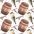 Bottle of wine, barrel, tap, corkscrew with watercolor stains. Seamless pattern Painted illustration Royalty Free Stock Photo
