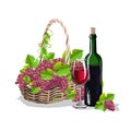 A bottle of wine and a basket of grapes