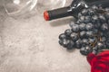 Bottle of wine, bunch of dark grapes, empty glass, rose on a gray background closeup