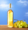 Bottle of wine with bunch of grapes - blue sky background