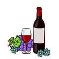 A bottle of wine, a bunch of grapes, flowers and a glass of wine. Royalty Free Stock Photo