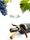 Bottle of wine with corkscrew and bunch of grapes on a white background. Panoramic top view with space for text Royalty Free Stock Photo
