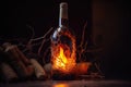 Bottle of wine with fire inside on dark background, firewood, hearth. Generative AI