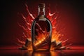 Bottle of wine with fire and splashes on red background. generative ai Royalty Free Stock Photo