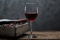 A bottle of wine, a glass, a bunch of grapes and grape leaves on an old wooden table Royalty Free Stock Photo