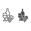 Bottle, wine glass and bunch of grapes line and solid icon. Wine with wineglass and grape outline style pictogram on Royalty Free Stock Photo