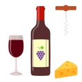 A bottle of wine, a glass of wine, a corkscrew and a piece of cheese. Vector, cartoon illustration. Royalty Free Stock Photo