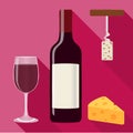 A bottle of wine, a glass of wine, a corkscrew and a piece of cheese. Vector, cartoon illustration. Royalty Free Stock Photo