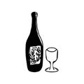 Bottle of wine, glass. Doodle, sketch, hand drawing. Vector illustration