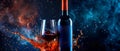 A bottle of wine and a wine glass are splashing in a blue and red swirl of water, fun atmosphere Royalty Free Stock Photo