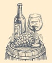 Bottle of wine with glass of wine bunch of grapes. Sketch vintage vector illustration. Winery, vineyard Royalty Free Stock Photo