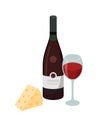 Bottle of wine, glass of wine and cheese vector illustration in flat design isolated on white background. Royalty Free Stock Photo